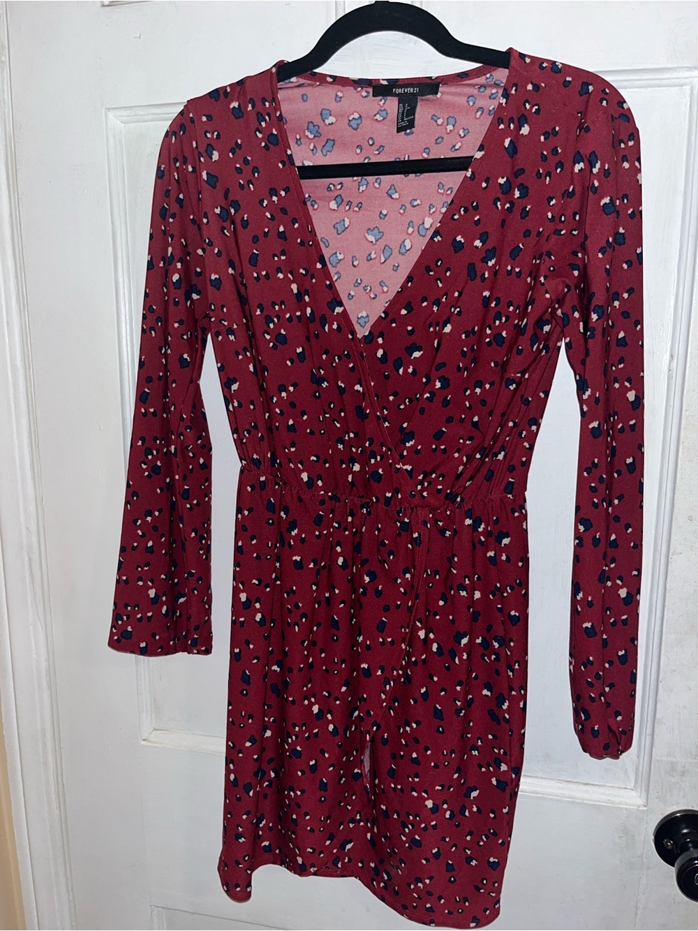 Forever 21 Burgundy Printed Long-Sleeve Wrap Dress